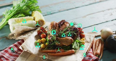 Rustic roasted chicken with fresh vegetables and green sustainability icons, farm to table