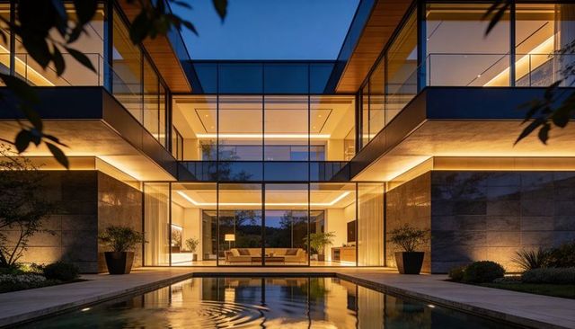 Modern two-story glass villa with reflecting pool and illuminated courtyard at twilight