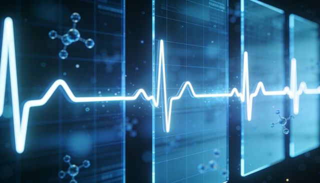 Glowing ecg waveform running across futuristic glass panels with floating molecules