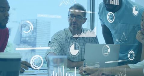 Professional Team Analyzing Data with Graphical Interface