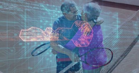 Active senior couple celebrating on clay court with futuristic circuit design