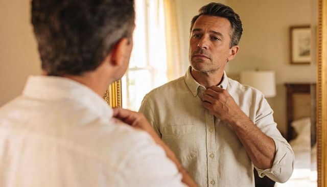Gentleman adjusting collar in mirror, morning grooming and casual outfit preparation