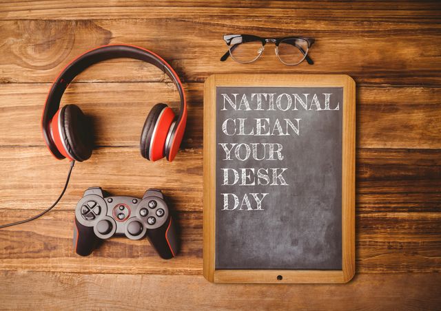 National clean your desk day text on writing slate by headphones and game controller at table. national clean your desk day, technology and self awareness concept.