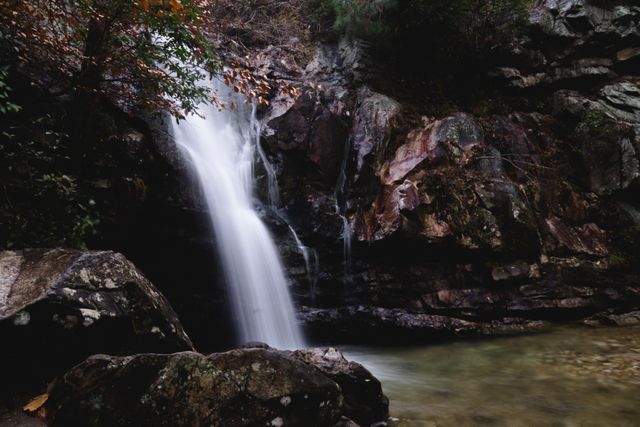 Serene Waterfall Flowing Through Rocky Landscape in Forest - Download Free Stock Photos Pikwizard.com
