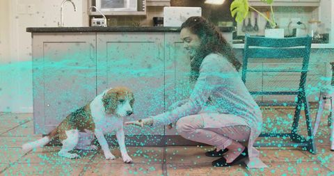Crouching woman offering treat to beagle in colorful kitchen scene