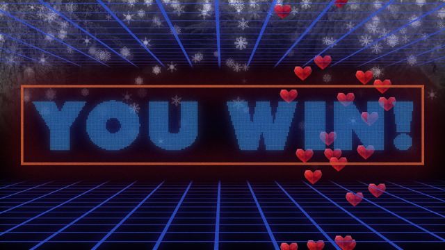 Retro-inspired text displays 'You Win' overlaid on a vibrant neon grid background. Animated snowflakes gracefully fall, complemented by jubilant hearts floating in celebration of victory. Perfect for digital assets, video game endings, animation themes, and festive promotional materials.