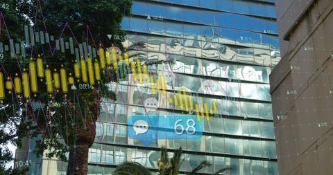 Digital Analytics Overlay on Glass Office Building with Urban Art