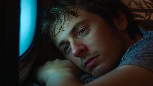 Pensive man resting by porthole in dim cabin, moody lighting, reflective closeup portrait