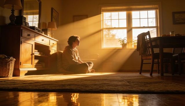 Young man sitting in golden sunlight on living room floor with warm wooden interior