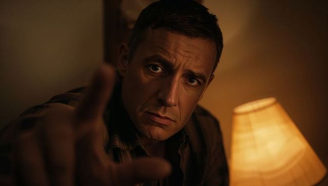 Moody warm portrait man reaching toward camera in dimly lit interior with lamp