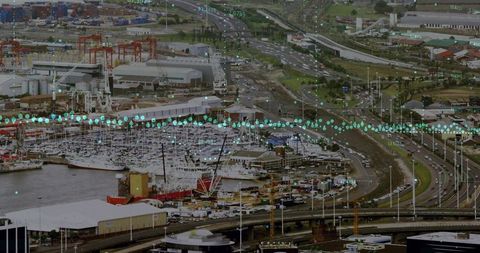 Industrial port with data visualization overstock narrating shipping logistics