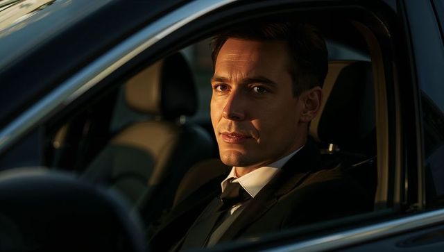 Executive driving luxury sedan at golden hour portrait conveying confidence