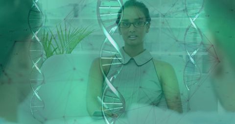 Biotechnology Discussion Led by Professional Asian Woman with DNA Graphics Overlay