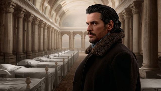 Man in fur coat overlooks historic chapel with antique beds