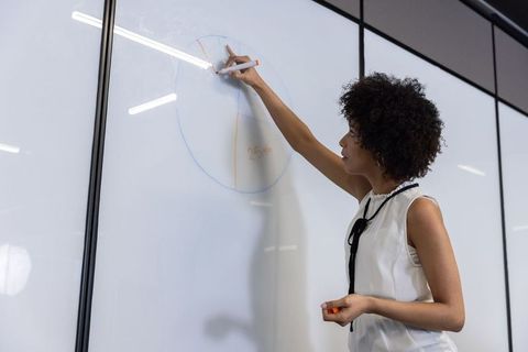 Woman creating colorful pie chart on whiteboard in modern office environment