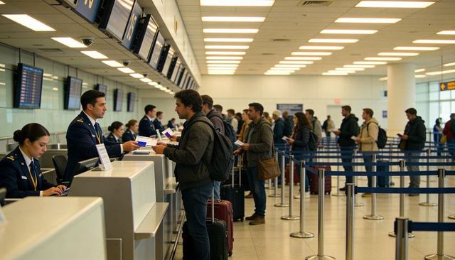 Airline check-in showing passenger handing passport and boarding pass to uniformed agent