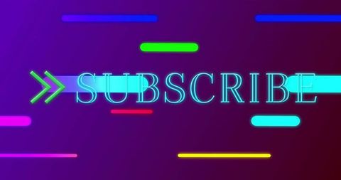 Neon subscribe banner glowing serif typography colorful motion streaks chevron arrow