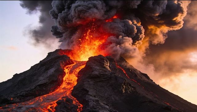 Explosive volcano eruption with lava fountain and molten rivers flowing down basalt slopes