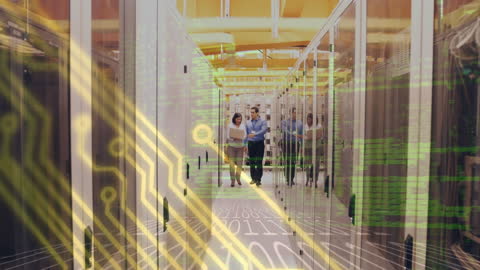 IT Technicians in Data Center with Digital Circuit Overlay