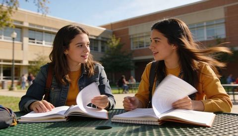 Two teenage girls studying outdoors on campus at green picnic table wearing mustard tops