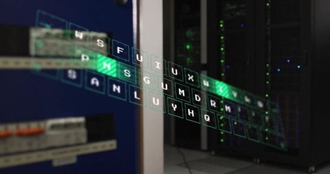 Futuristic hologram keyboard in high-tech server room