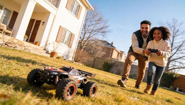 Father and daughter racing remote control car on suburban lawn, joyful family playtime