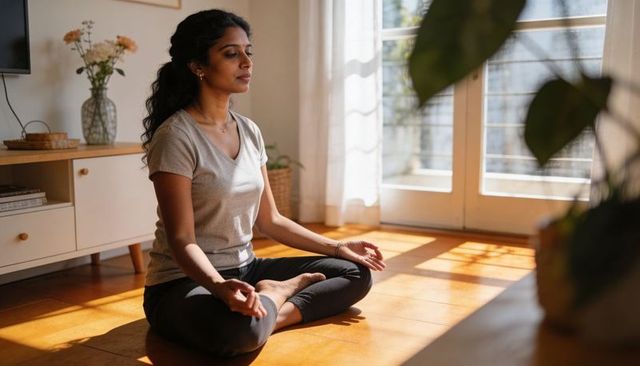 Meditating woman sitting cross-legged on sunlit wooden floor near glass doors