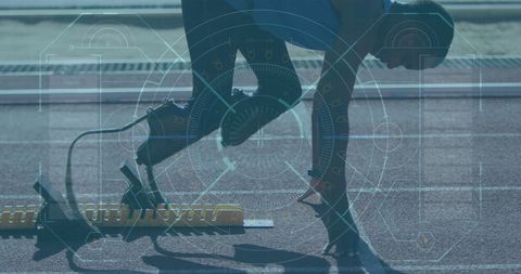 Athlete with Prosthetic Leg Running with Futuristic HUD Overlay