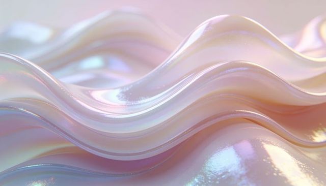 Iridescent pearlescent waves forming glossy sculptural ribbons abstract pastel background