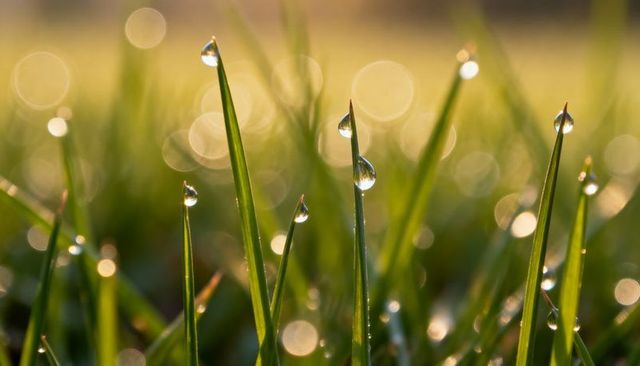 Glistening dew droplets clinging to grass blades at sunrise with golden bokeh