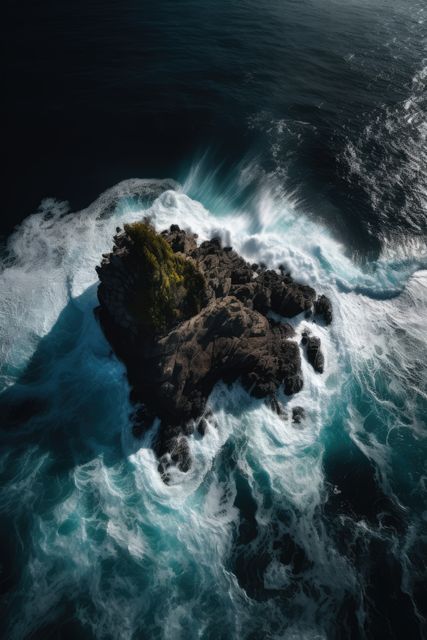 A small rocky island stands isolated in the ocean as waves crash around it. The rocky formation, topped by a single tree, contrasts sharply with the deep blue waters. The image captures the ruggedness and tranquility of nature, making it ideal for use in travel brochures, environmental campaigns, or as a desktop background for ocean enthusiasts.