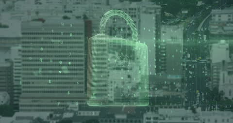 Cybersecurity Concept with Digital Padlock Over Cityscape