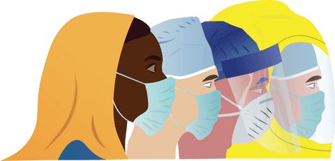 Diverse people wearing masks on transparent background illustration