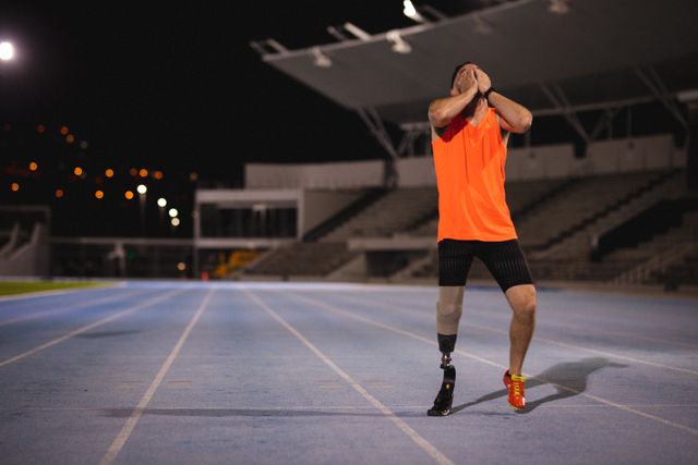 Tired caucasian disabled male athlete with prosthetic leg training. professional runner training at sports stadium.