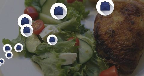 Fresh salad and roasted chicken featuring floating folder icons overlay food tech concept