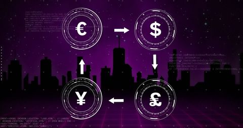 Digital global currency exchange interface against cityscape