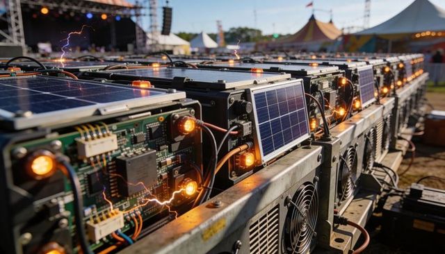 Modular solar inverter rack powering outdoor festival stage with exposed circuit boards