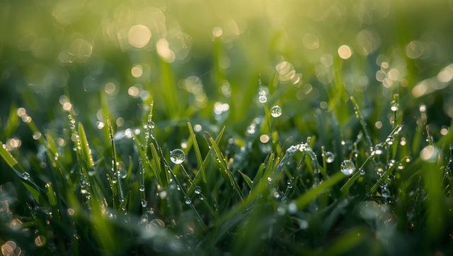 Glistening morning dew catching golden light on green grass blades with bokeh orbs