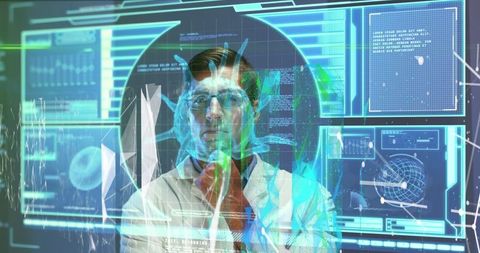 Futuristic medical research with digital interface and virus visualization