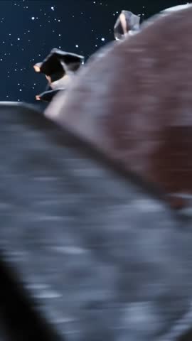 Vertical video: Spacecraft engines firing, cruising through asteroid belt dodging high-speed rocks