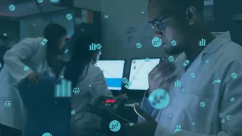 Scientists Collaborating with Digital Data Overlays in High-Tech Laboratory