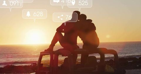 Couple Enjoying Sunset on Jeep with Social Media Icons