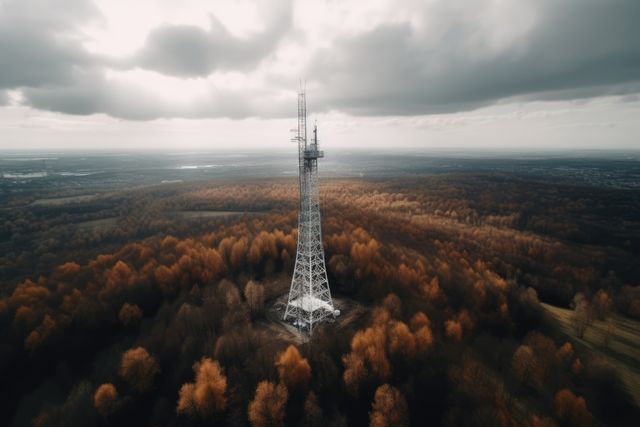 Telephone tower in green belt area outside city, copy space, created using generative ai technology. Communication, cell tower and wireless telephone technology concept digitally generated image.