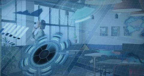 Speaking executive wearing mask and blazer near office windows with holographic hud data overlay