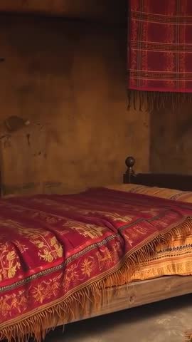 Vertical video panning revealing rustic wooden bed with red blanket and plaid textile