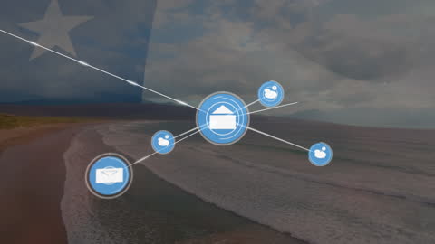 Digital Network Icons Overlay on Texas Beach Landscape