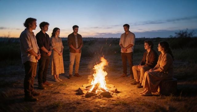 Friends gathering around campfire at dusk on open plain sharing warmth and conversation