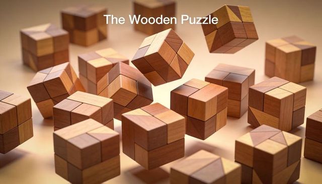 Floating Wooden Puzzle Cubes Forming Geometric Pattern Warm Natural Grain