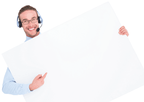 smiling man wearing headset holding transparent blank sign - Download Free Stock Videos Pikwizard.com