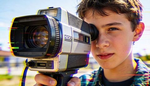 Teen aiming vintage camcorder 500 handheld filmmaking retro outdoor portrait nostalgia